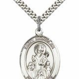 Men's Pewter Oval St. Nicholas Medal - 24" 2.4mm Rhodium Plate Chain + Clasp