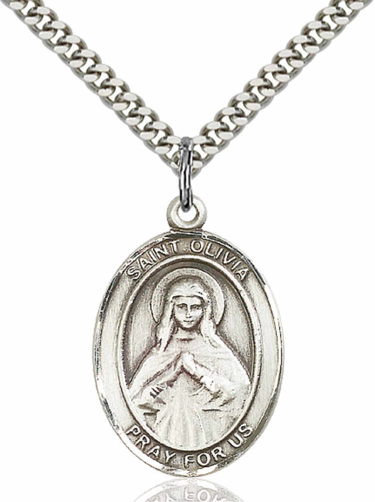 Men's Pewter Oval St. Olivia Medal - 24" 2.4mm Rhodium Plate Chain + Clasp