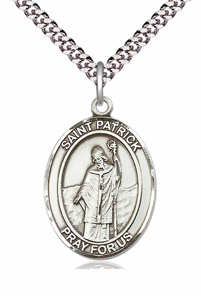 Men's Pewter Oval St. Patrick Medal - 24" 2.4mm Rhodium Plate Chain + Clasp