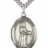 Men's Pewter Oval St. Petronille Medal - 24" 2.4mm Rhodium Plate Chain + Clasp
