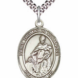 Men's Pewter Oval St. Pius X Medal - 24" 2.4mm Rhodium Plate Chain + Clasp