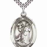 Men's Pewter Oval St. Rocco Medal - 24" 2.4mm Rhodium Plate Chain + Clasp