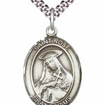 Men's Pewter Oval St. Rose of Lima Medal - 24" 2.4mm Rhodium Plate Chain + Clasp