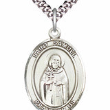 Men's Pewter Oval St. Samuel Medal - 24" 2.4mm Rhodium Plate Chain + Clasp