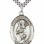Men's Pewter Oval St. Scholastica Medal - 24" 2.4mm Rhodium Plate Chain + Clasp