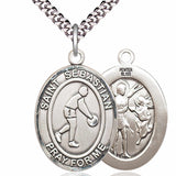 Men's Pewter Oval St. Sebastian Basketball Medal - 24" 2.4mm Rhodium Plate Chain + Clasp