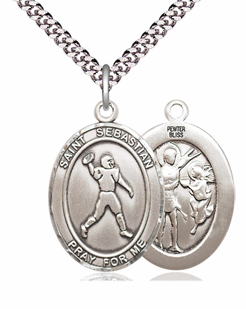 Men's Pewter Oval St. Sebastian Football Medal - 24" 2.4mm Rhodium Plate Chain + Clasp