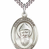 Men's Pewter Oval St. Sharbel Medal - 24" 2.4mm Rhodium Plate Chain + Clasp