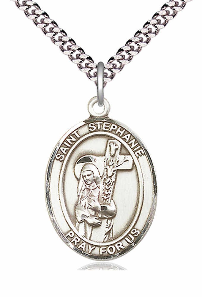 Men's Pewter Oval St. Stephanie Medal - 24" 2.4mm Rhodium Plate Chain + Clasp