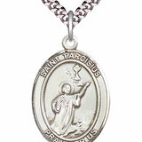 Men's Pewter Oval St. Tarcisius Medal - 24" 2.4mm Rhodium Plate Chain + Clasp