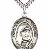 Men's Pewter Oval St. Teresa of Calcutta Medal - 24" 2.4mm Rhodium Plate Chain + Clasp