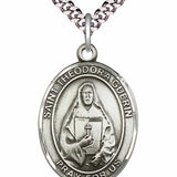Men's Pewter Oval St. Theodore Guerin Medal - 24" 2.4mm Rhodium Plate Chain + Clasp