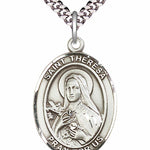 Men's Pewter Oval St. Theresa Medal - 24" 2.4mm Rhodium Plate Chain + Clasp