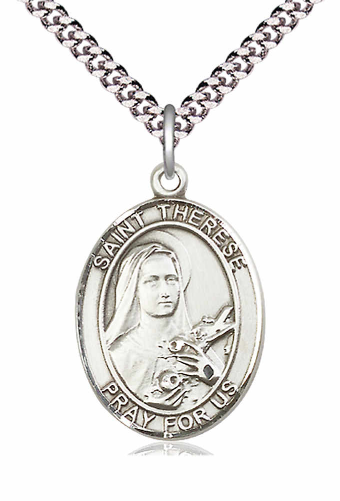 Men's Pewter Oval St. Therese of Lisieux Medal - 24" 2.4mm Rhodium Plate Chain + Clasp