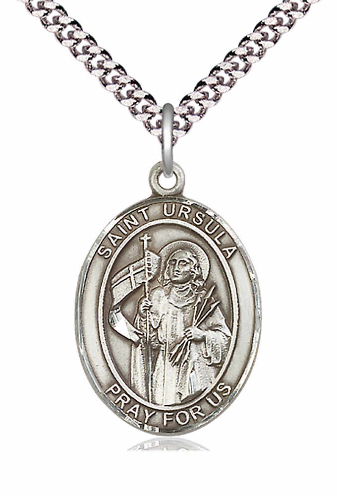 Men's Pewter Oval St. Ursula Medal - 24" 2.4mm Rhodium Plate Chain + Clasp
