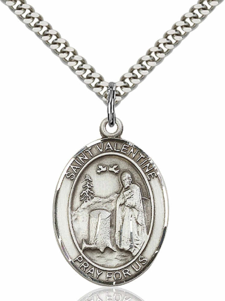 Men's Pewter Oval St. Valentine of Rome Medal - 24" 2.4mm Rhodium Plate Chain + Clasp