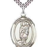 Men's Pewter Oval St. Victor of Marseilles Medal - 24" 2.4mm Rhodium Plate Chain + Clasp