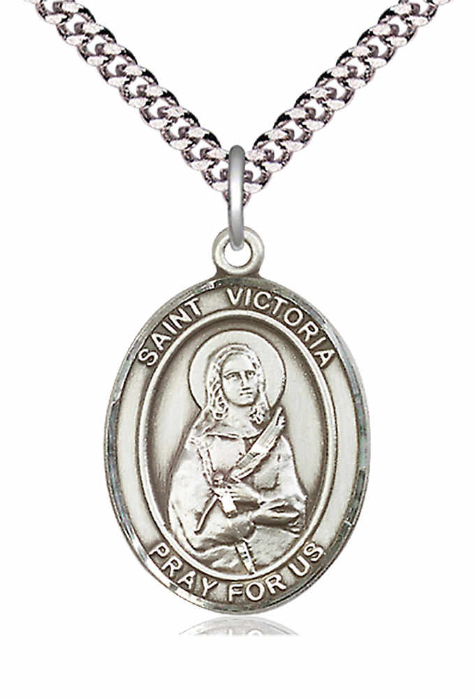 Men's Pewter Oval St. Victoria Medal - 24" 2.4mm Rhodium Plate Chain + Clasp