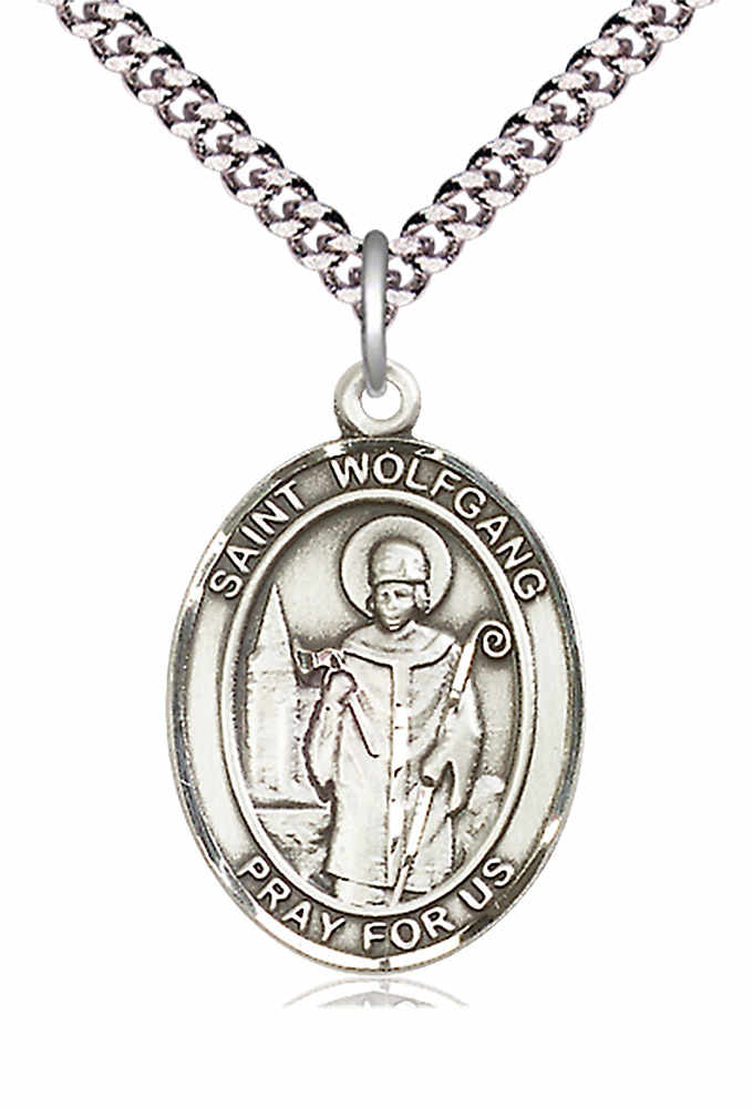 Men's Pewter Oval St. Wolfgang Medal - 24" 2.4mm Rhodium Plate Chain + Clasp