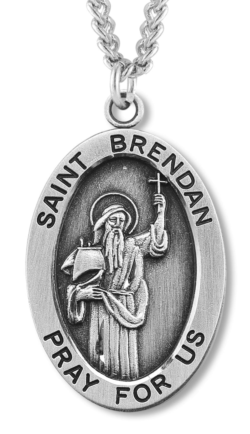 Men's Sterling Silver Oval St. Brendan Necklace - 24" Sterling Silver Chain + Clasp