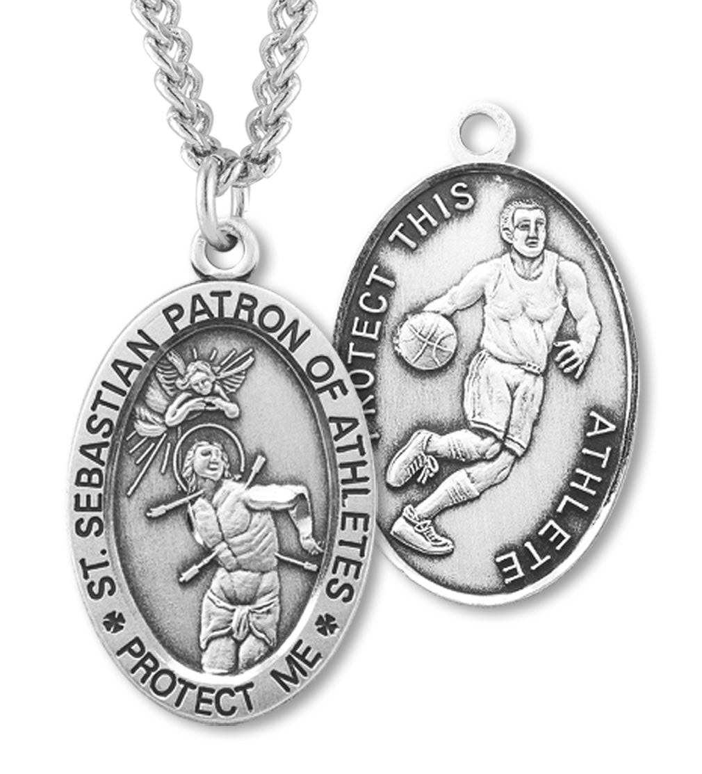 Men's Sterling Silver Saint Sebastian Basketball Oval Necklace - 24" Sterling Silver Chain + Clasp