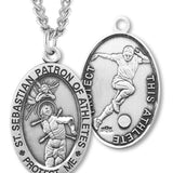 Men's Sterling Silver Saint Sebastian Soccer Oval Necklace - 24" Sterling Silver Chain + Clasp