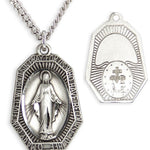 Men's Sterling Silver Miraculous Necklace Octagonal Shape with Chain Options - 24" Sterling Silver Chain + Clasp
