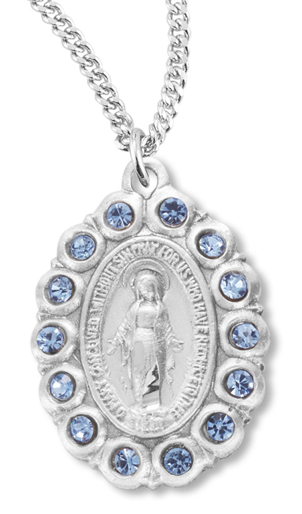 Women's Miraculous Necklace Oval with Blue Colored Stones Sterling Silver with Chain Options - 18" 1.8mm Sterling Silver Chain + Clasp
