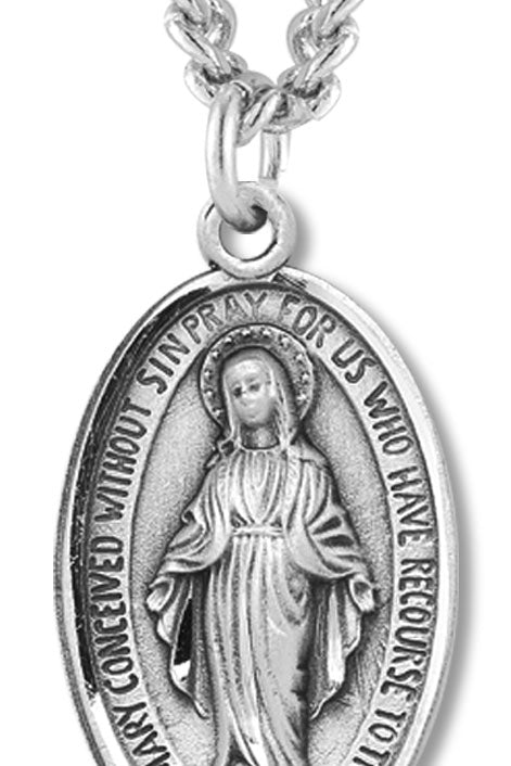 Men's Sterling Silver Classic Oval Miraculous Necklace Etched Border with Chain Options - 24" Sterling Silver Chain + Clasp