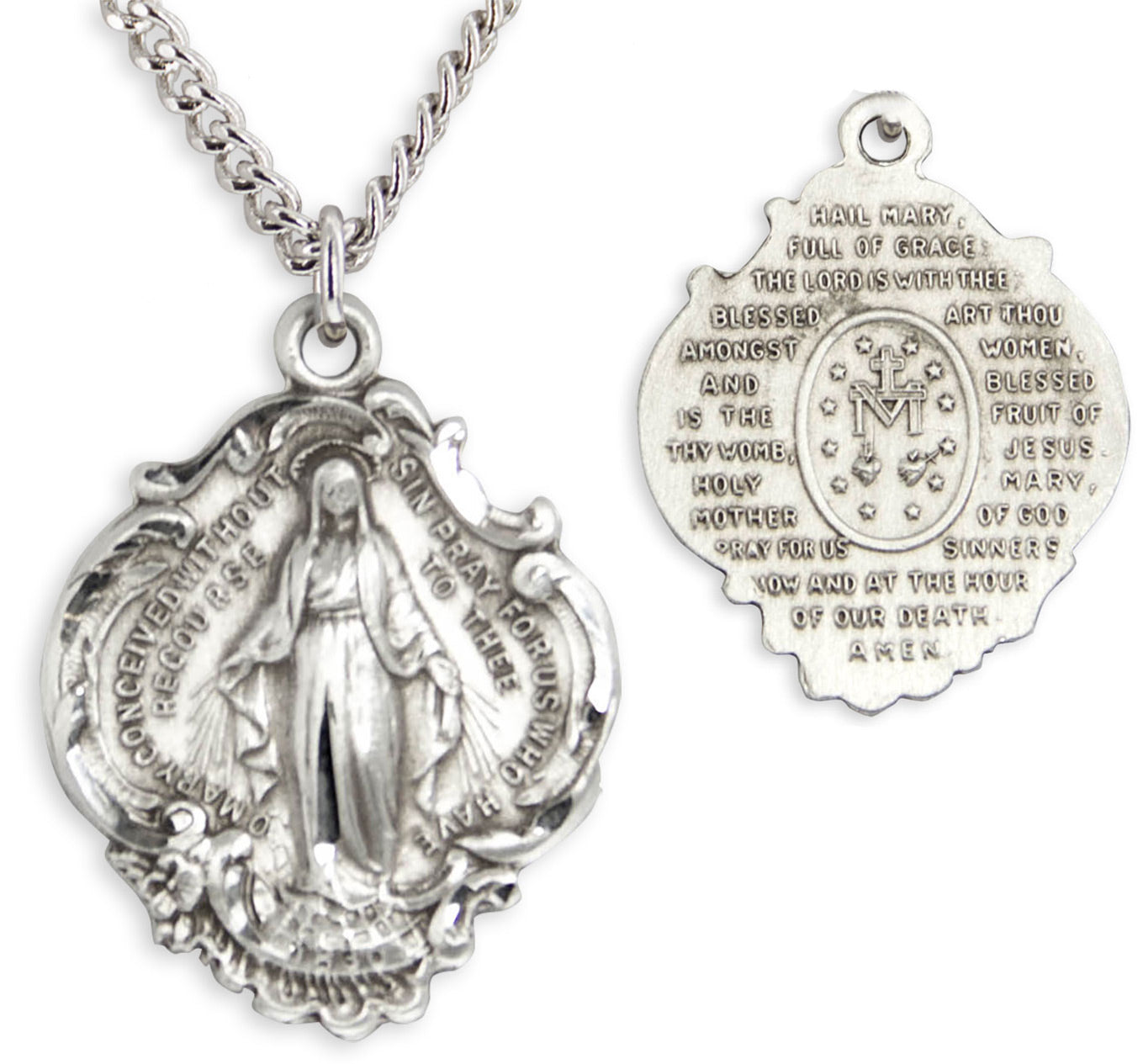 Hail Mary Prayer Sterling Silver Necklace with Chain Options - 24" Sterling Silver Chain + Clasp