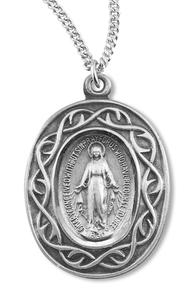 Women's Sterling Silver Miraculous Necklace with Crown of Thorns Border with Chain Options - 18" 1.8mm Sterling Silver Chain + Clasp