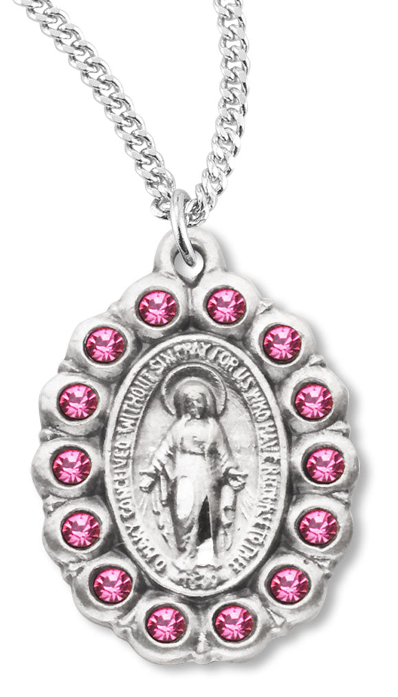 Women's Miraculous Necklace with Pink Stones Oval Sterling Silver with Chain Options - 18" 1.8mm Sterling Silver Chain + Clasp