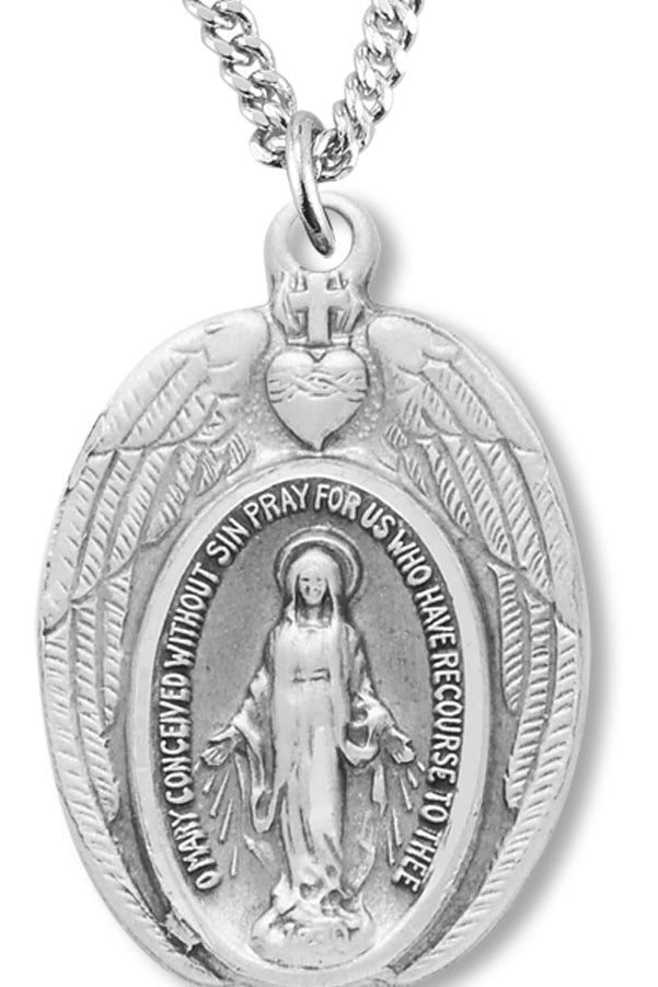 Women's Sterling Silver Oval Miraculous Necklace with Wings with Chain Options