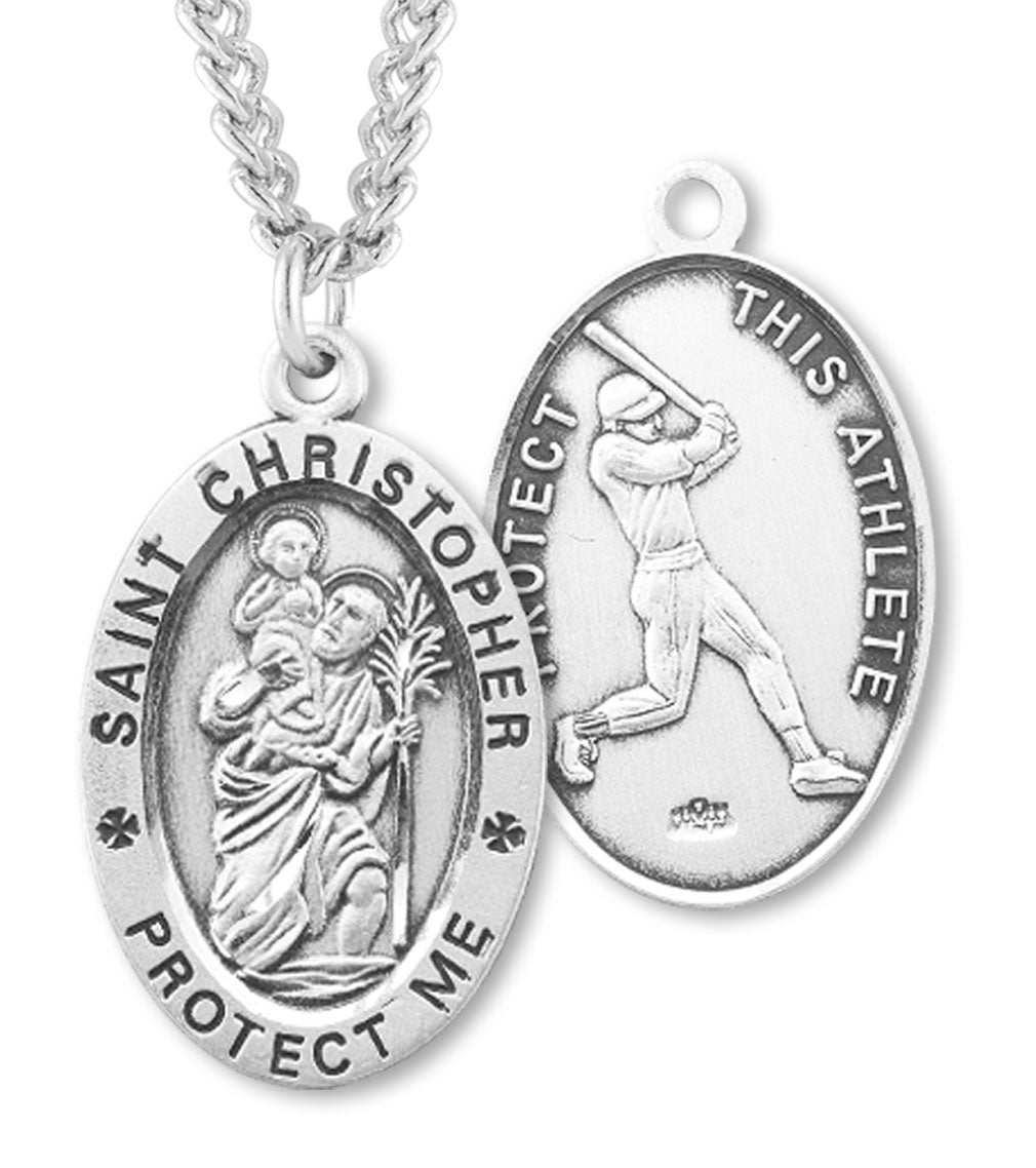 Men's Sterling Silver Saint Christopher Baseball Oval Necklace - 24" Sterling Silver Chain + Clasp