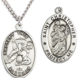Oval Men's St. Christopher Wrestling Necklace With Chain - 24" Sterling Silver Chain + Clasp