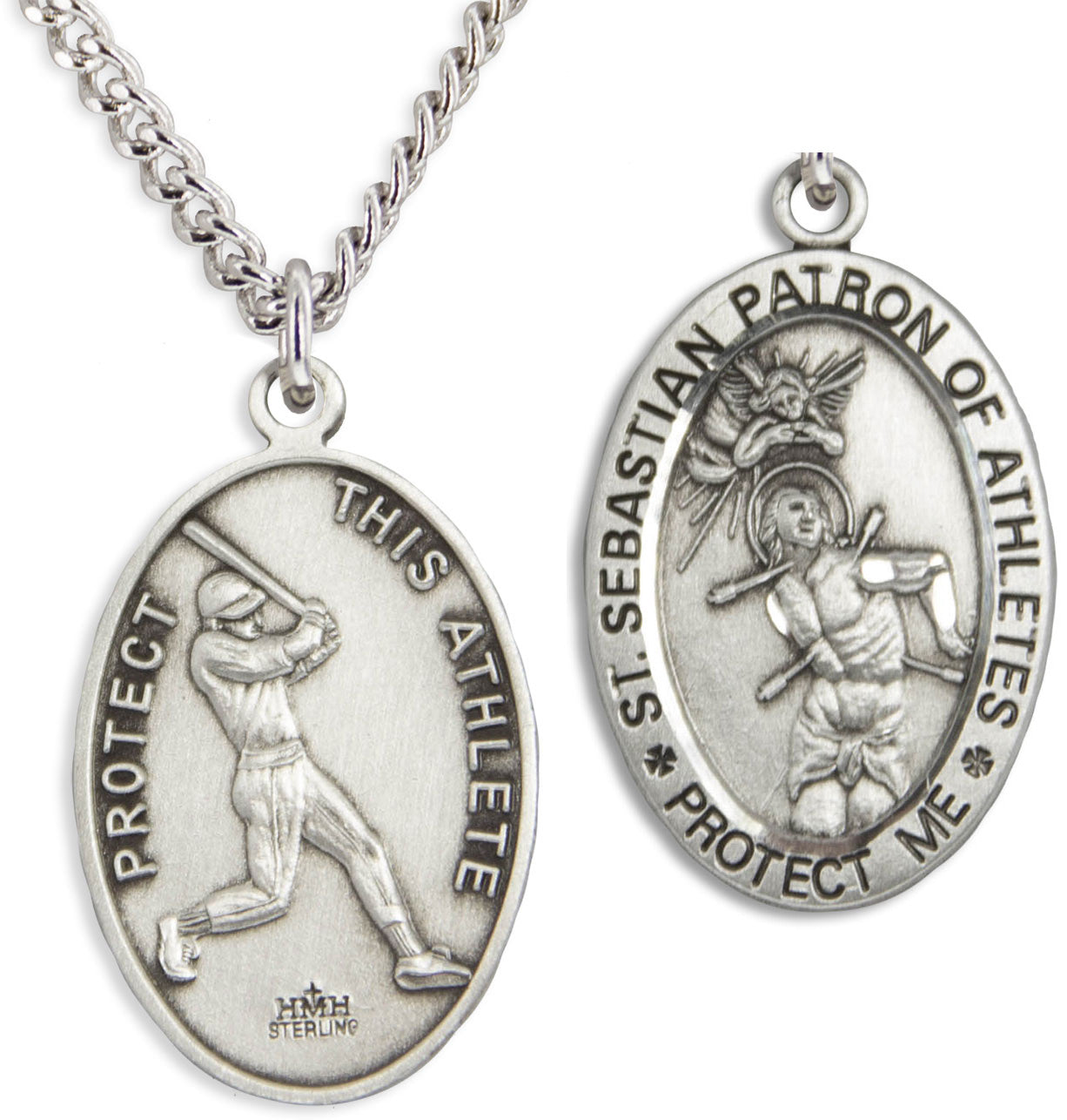 Oval Men's St. Sebastian Baseball Necklace With Chain - 24" Sterling Silver Chain + Clasp