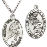 Oval Men's St. Sebastian Football Necklace With Chain - 24" Sterling Silver Chain + Clasp