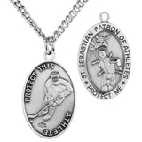 Oval Men's St. Sebastian Ice Hockey Necklace With Chain - 24" Sterling Silver Chain + Clasp