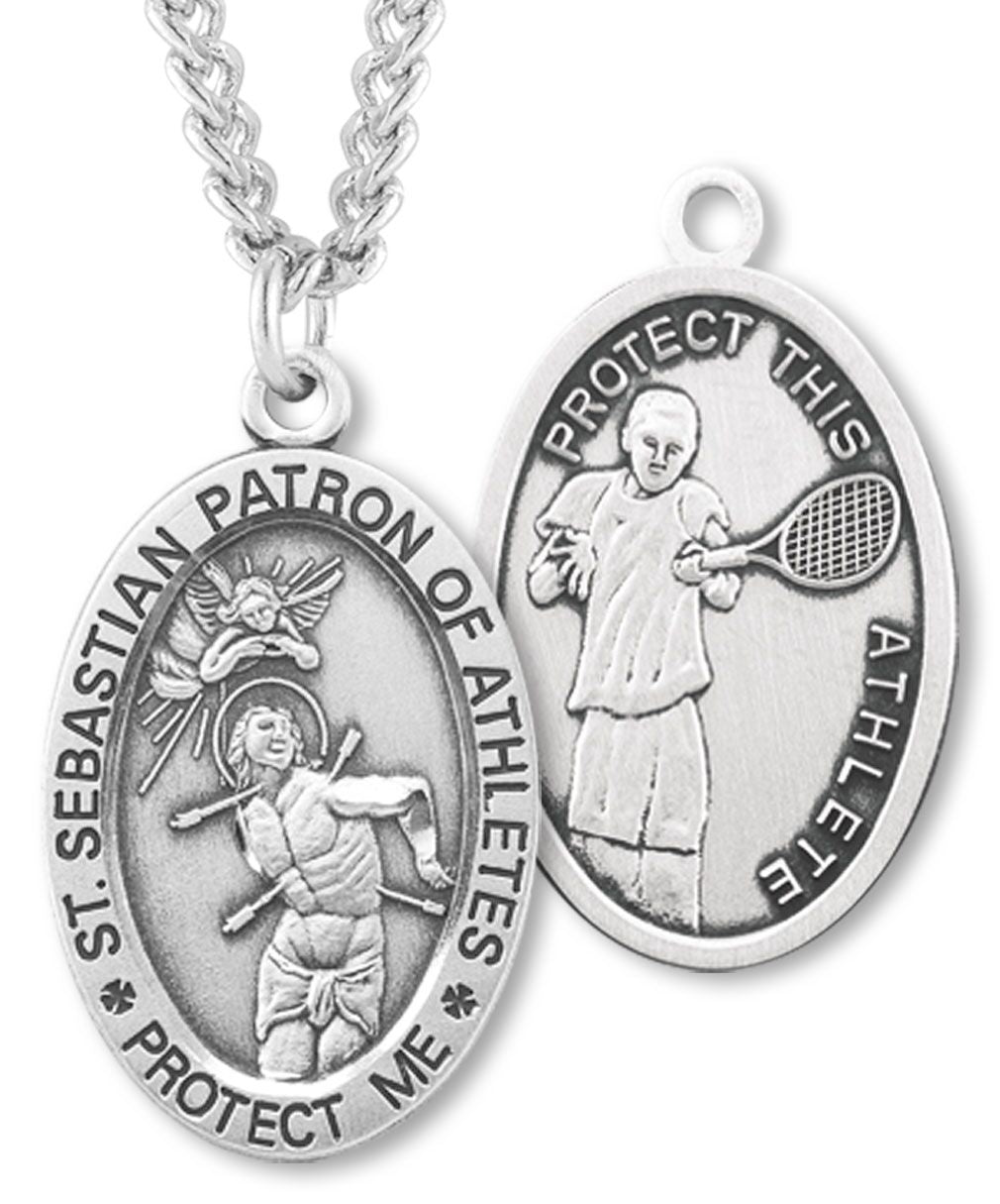 Oval Men's St. Sebastian Tennis Necklace With Chain - 24" Sterling Silver Chain + Clasp