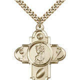 Sports 5 Way Cross St Christopher Medal, Gold Filled - 24" 2.4mm Gold Plated Endless Chain