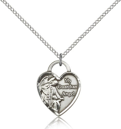 Guardian Angel Heart Medal, Sterling Silver - 18" 1.2mm Sterling Silver Chain + Clasp
