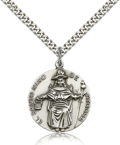 St. Niño De Atocha Medal, Sterling Silver - 24" 2.4mm Rhodium Plate Endless Chain