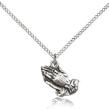 Praying Hands Medal, Sterling Silver - 18" 1.2mm Sterling Silver Chain + Clasp