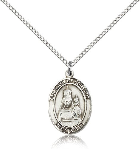 Our Lady of Loretto Medal, Sterling Silver, Medium - 18" 1.2mm Sterling Silver Chain + Clasp