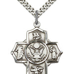 5 Way Cross Army Medal, Sterling Silver - 24" 2.4mm Rhodium Plate Endless Chain