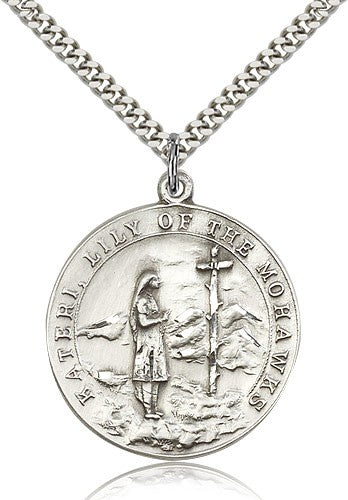 St. Kateri Medal, Sterling Silver - 24" 2.4mm Rhodium Plate Endless Chain