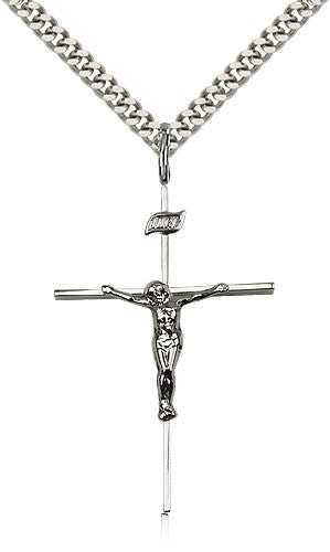 Crucifix Pendant, Sterling Silver - 24" 2.4mm Rhodium Plate Endless Chain
