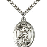 St. Christopher Swimming Medal, Sterling Silver, Large - 24" 2.4mm Rhodium Plate Chain + Clasp