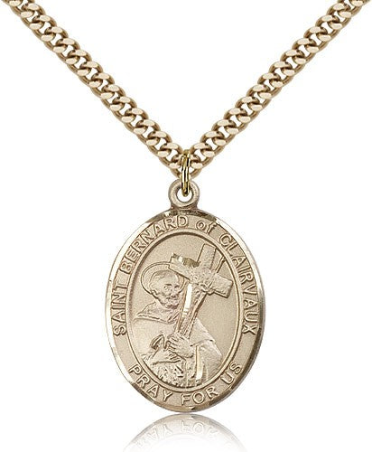 St. Bernard of Clairvaux Medal, Gold Filled, Large - 24" 2.4mm Gold Plated Chain + Clasp