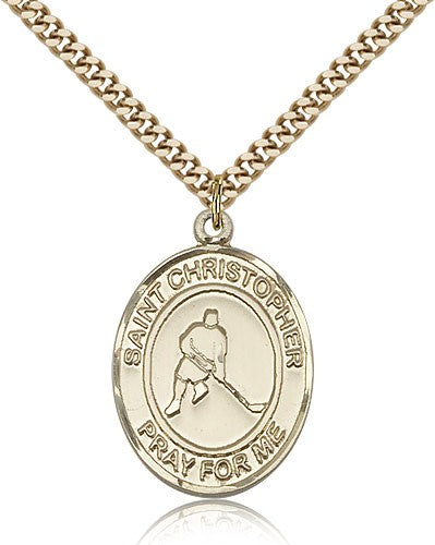 St. Christopher Ice Hockey Medal, Gold Filled, Large - 24" 2.4mm Gold Plated Chain + Clasp